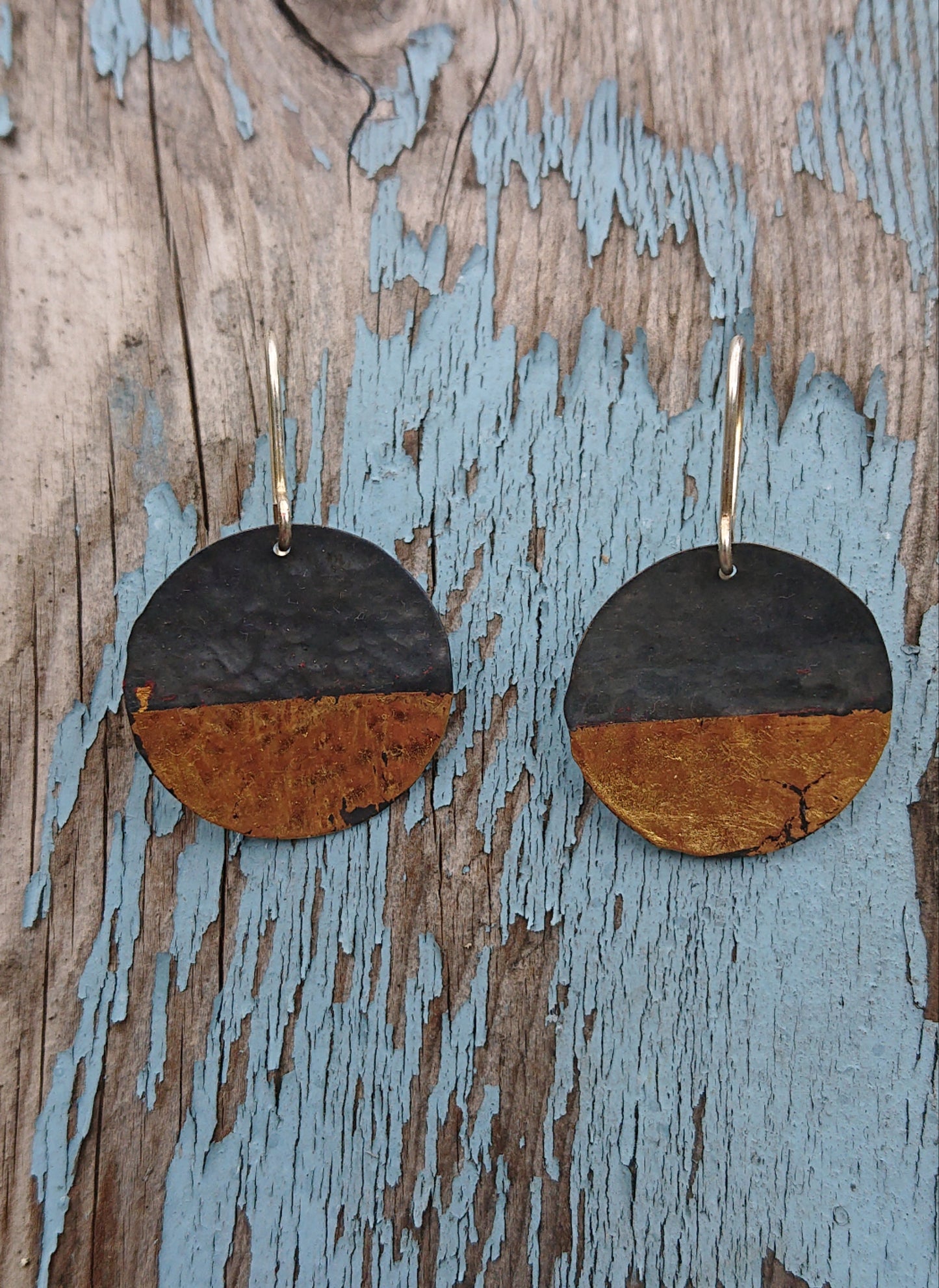oxidised sterling silver 925 24 carat gold round disc flat textured earrings 6