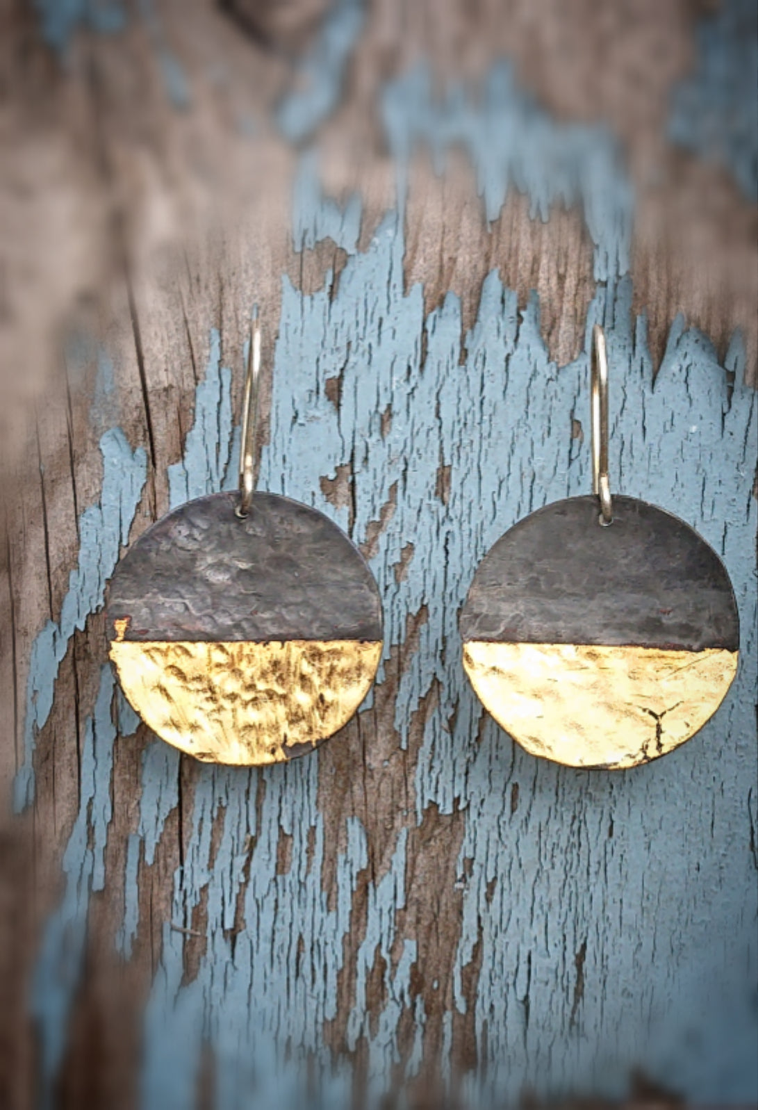 oxidised sterling silver 925 24 carat gold round disc flat textured earrings 7
