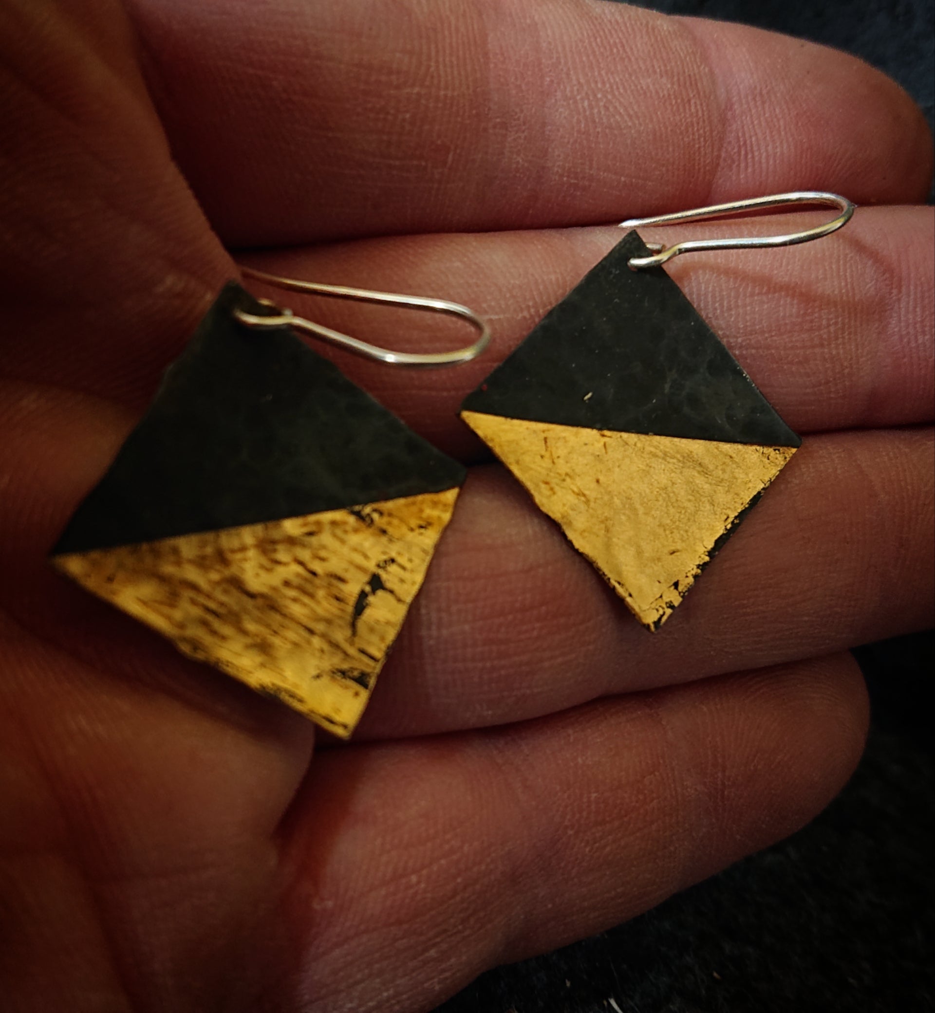 oxidised sterling silver 925 24 carat gold square flat textured earrings 3