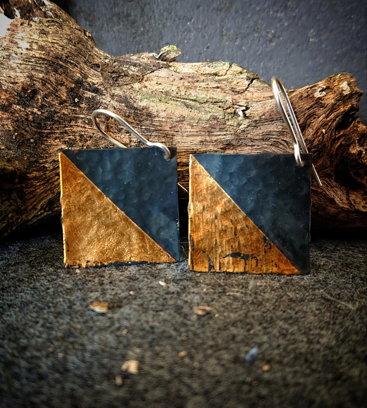 oxidised sterling silver 925 24 carat gold square flat textured earrings 4