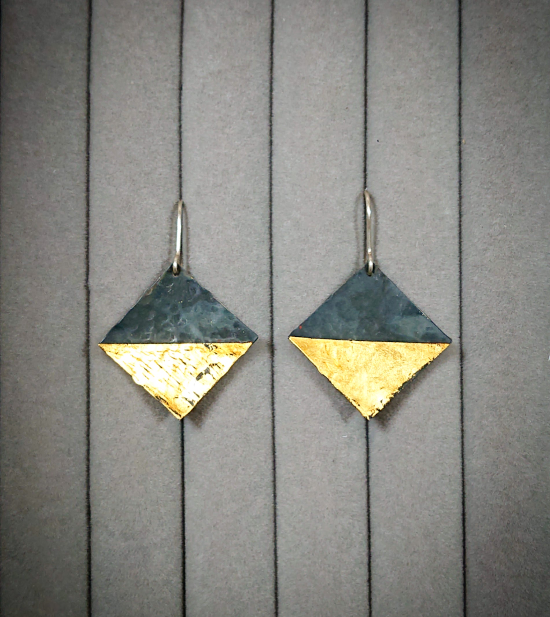 oxidised sterling silver 925 24 carat gold square flat textured earrings 10