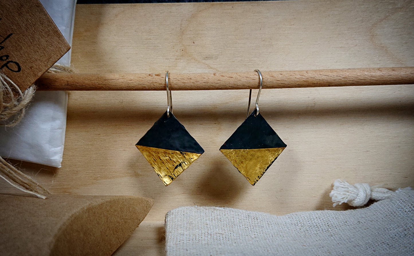 oxidised sterling silver 925 24 carat gold square flat textured earrings 11
