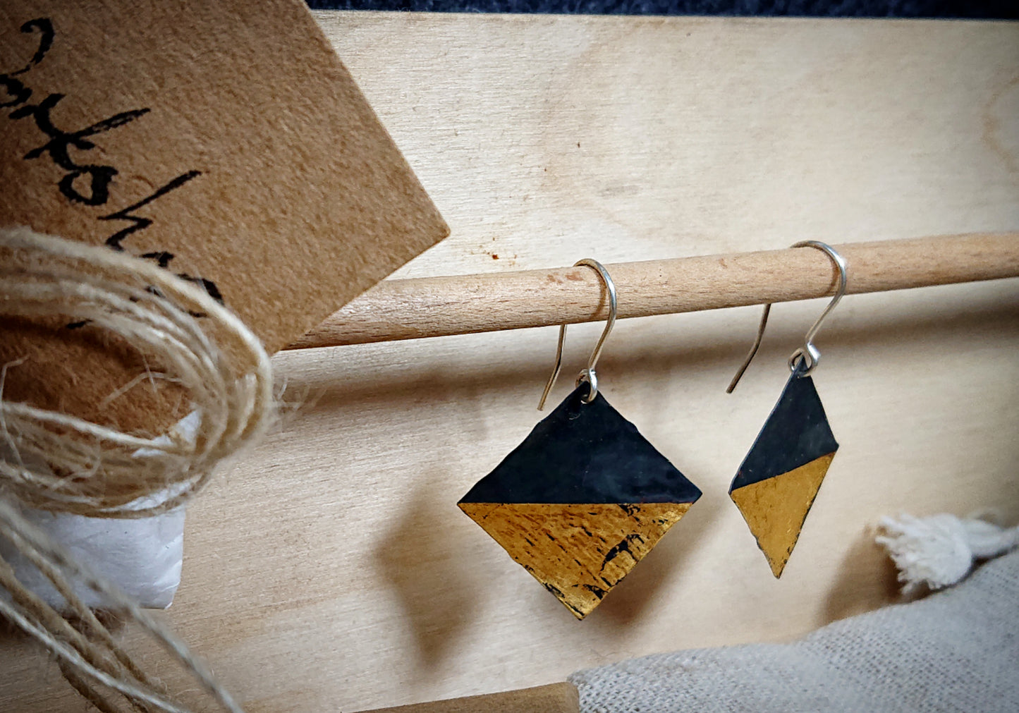 Oxidised Silver & Gold Square Flat Earrings